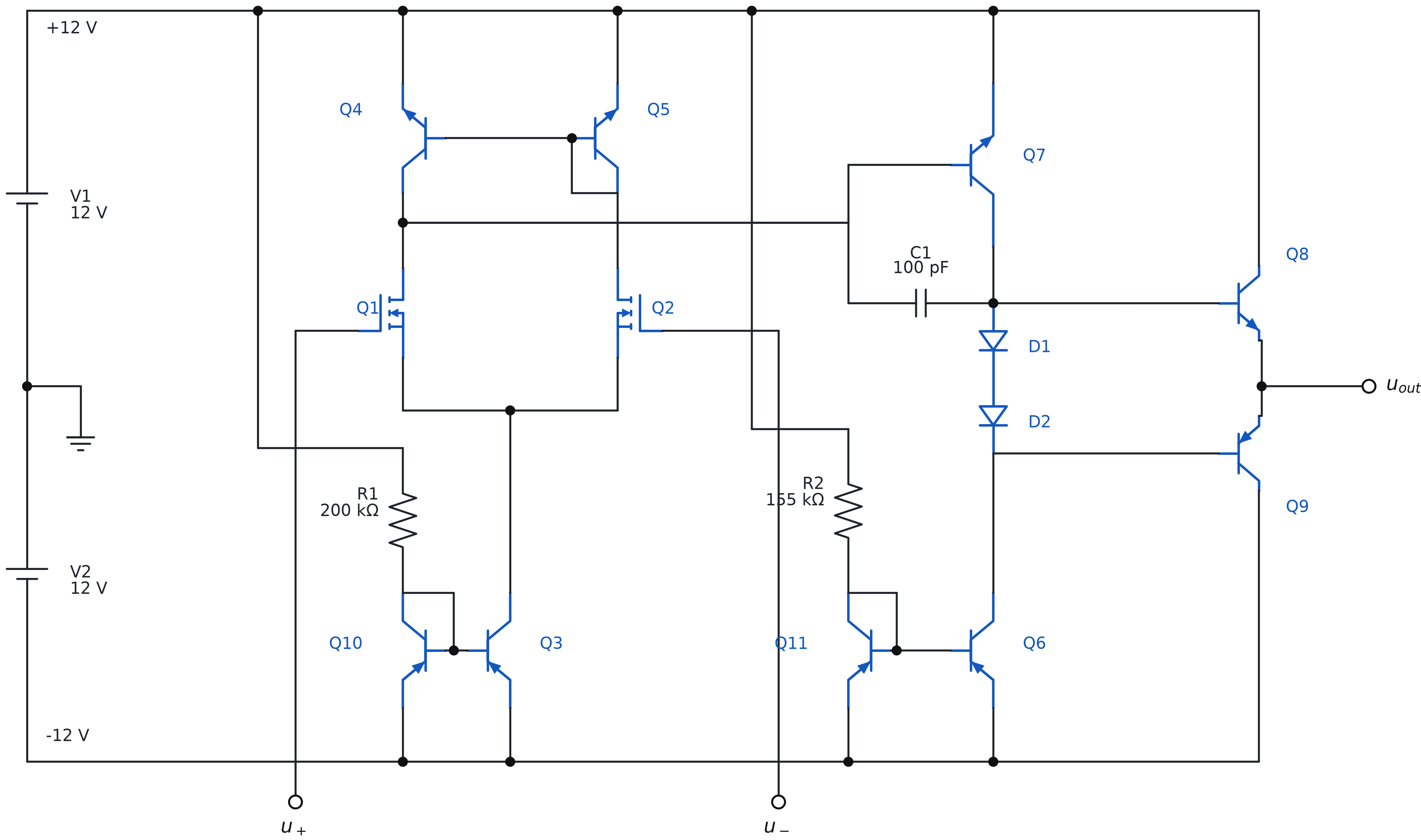 Schemdraw 生成的 11 管复合放大电路，包含差分输入、有源负载、电压放大级、密勒补偿和互补输出级